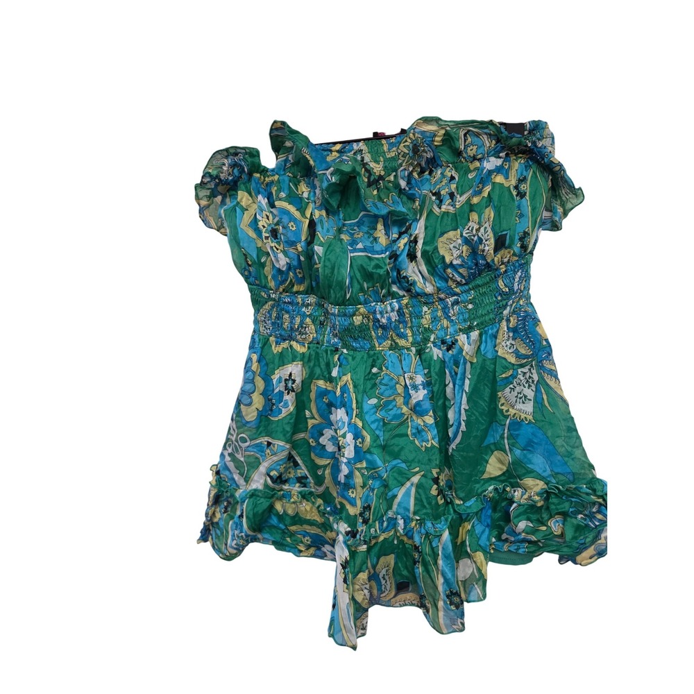 Vintage Y2K 2B Bebe Green Floral Ruffle Tube Top Smocked Summer Party Festival